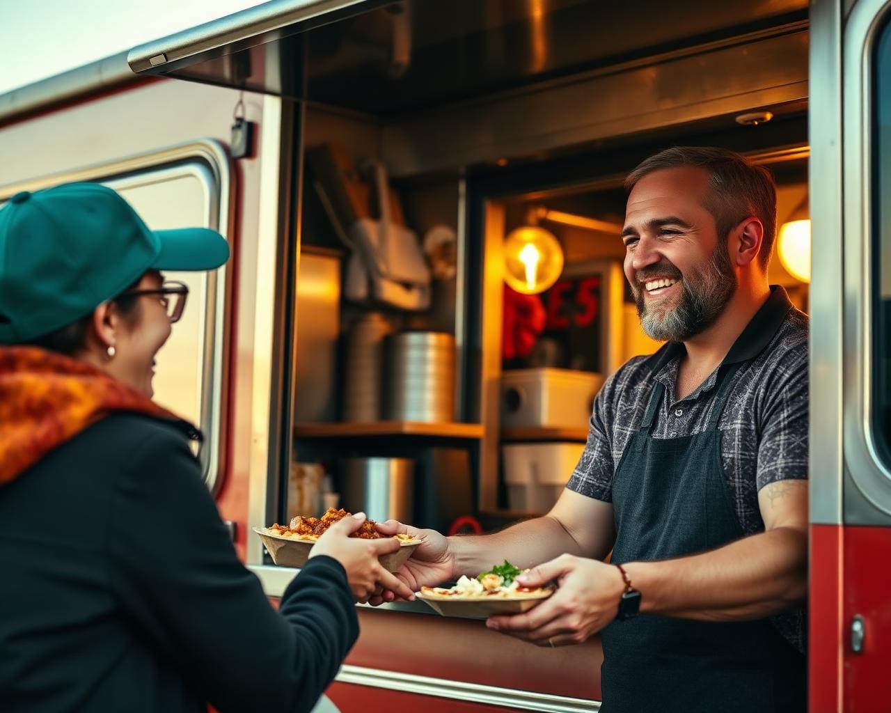 Rose Marie's owner handing food to a smiling customer at the food truck window